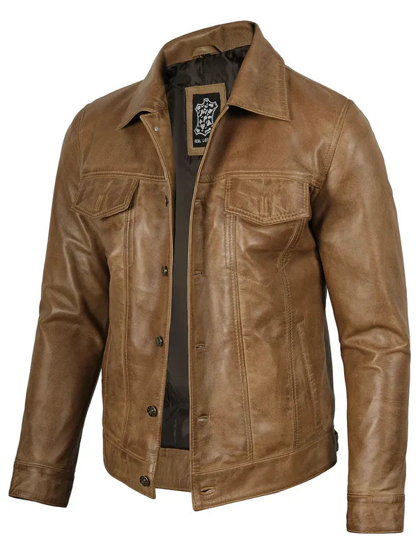 Men’s Camel Brown Leather Trucker Genuine Leather Jacket