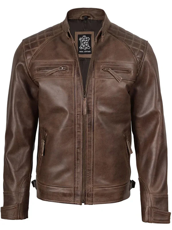 Men Chocolate Brown Cafe Racer Real Leather Jacket