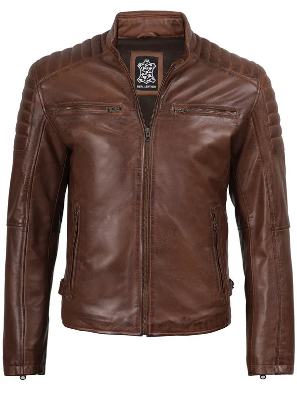 Mens Cognac Brown Cafe Racer Leather Jacket