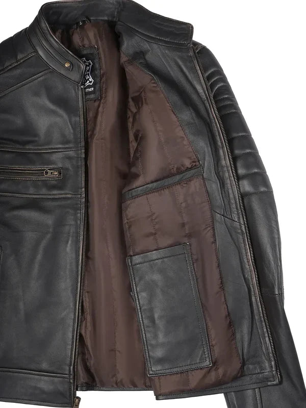 Men’s Dark Brown Rub Off Cafe Racer Genuine Leather Jacket