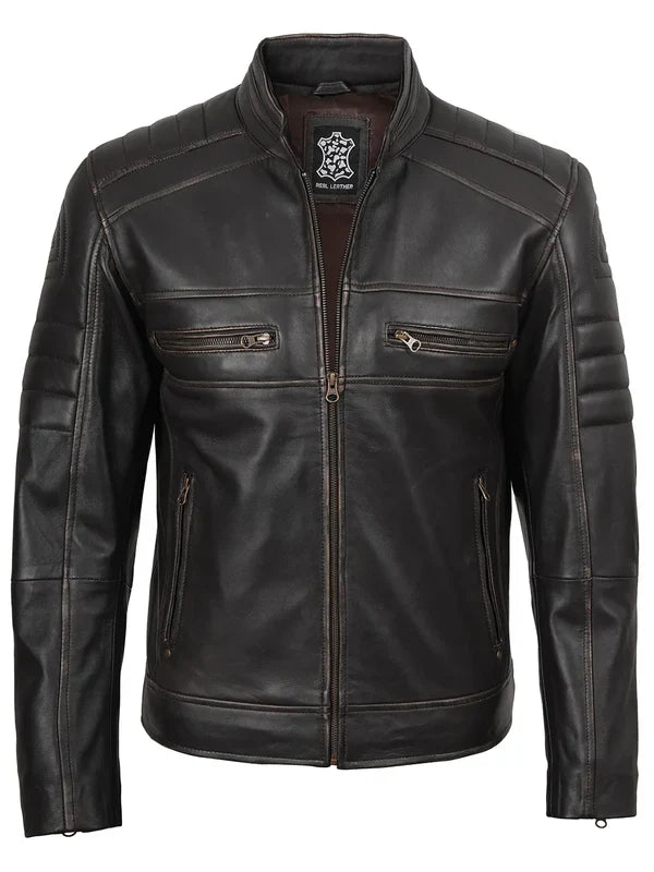 Men’s Dark Brown Rub Off Cafe Racer Genuine Leather Jacket