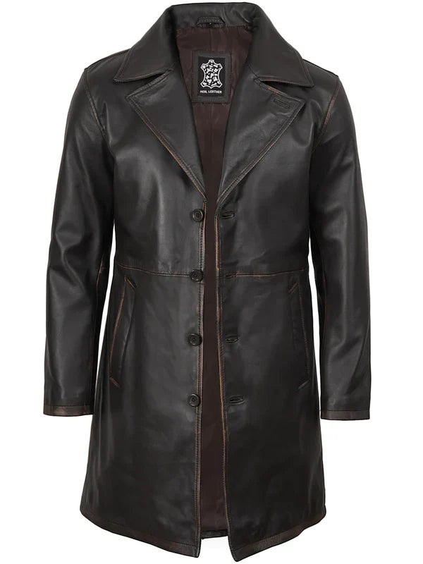Men's Real Leather 3 4 Length Dark Brown Car Coat