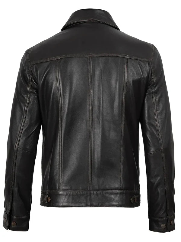 Men’s Dark Brown Trucker Genuine Leather Jacket
