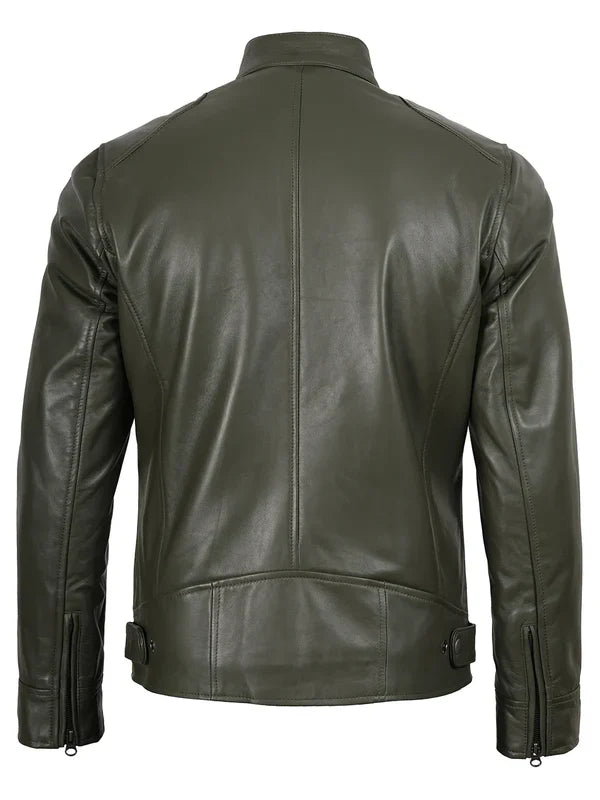 Dodge Mens Green Cafe Racer Real Leather Jacket