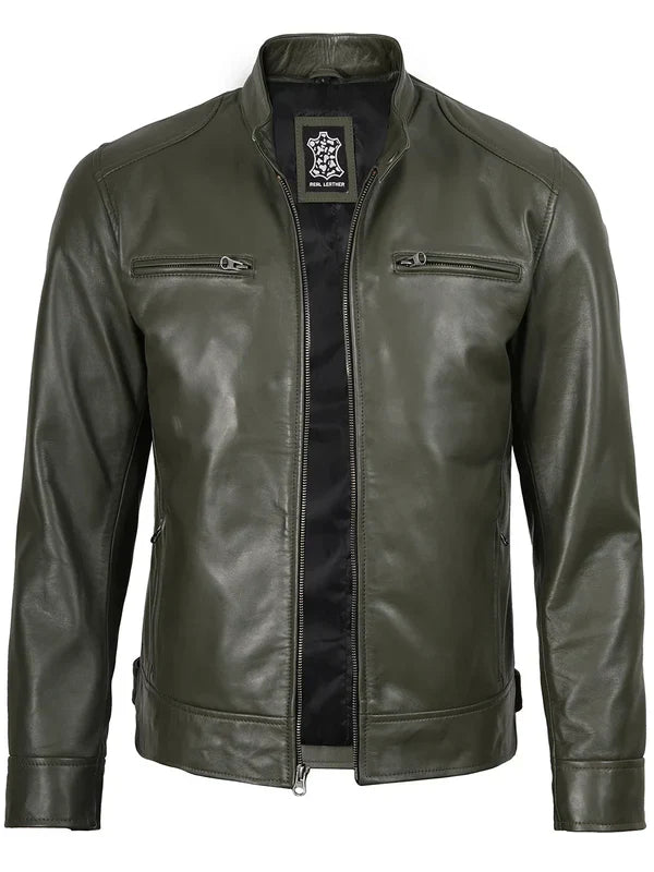 Dodge Mens Green Cafe Racer Real Leather Jacket