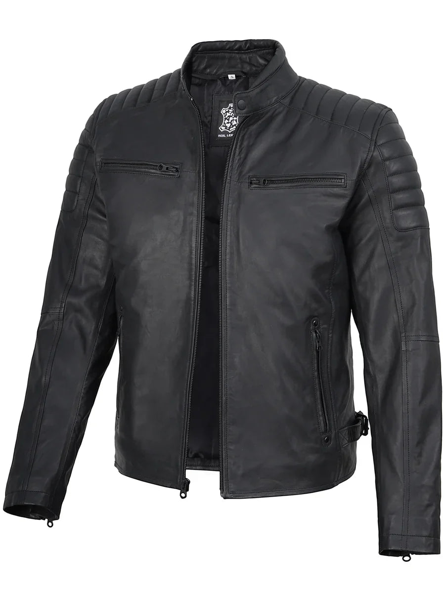 Mens Matte Black Biker Style Real Leather Jacket