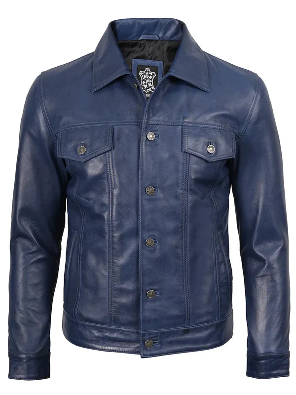 Fernando Men's Blue Real Leather Trucker Jacket
