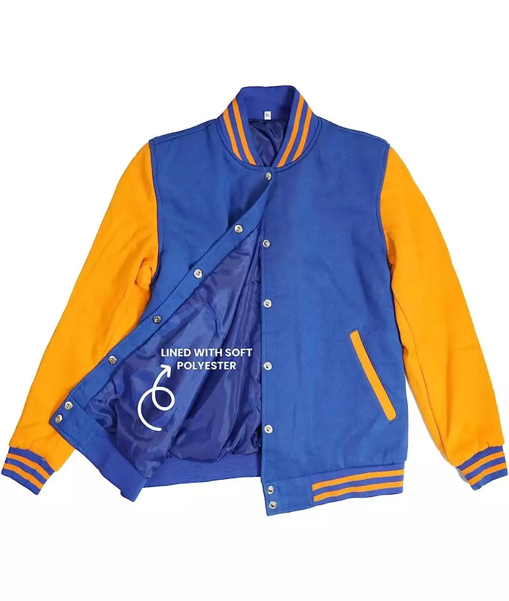 Men’s Royal Blue Baseball Jacket – Yellow Sleeve Varsity Bomber