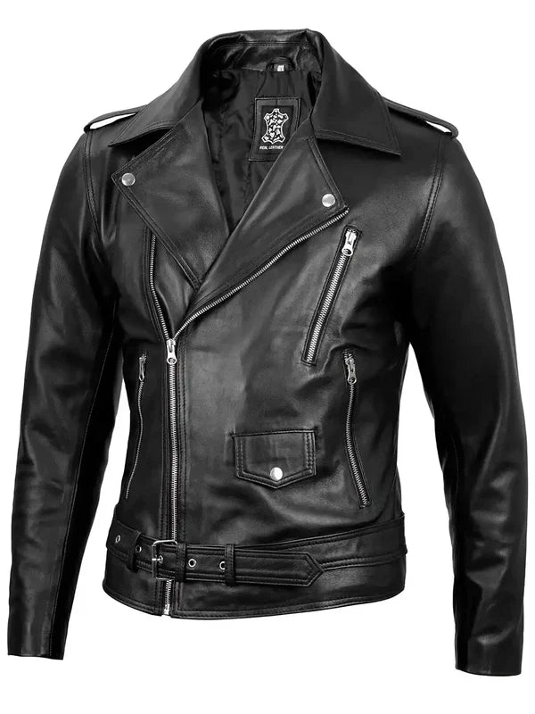 Men's Black Asymmetrical Leather Biker Style Jacket
