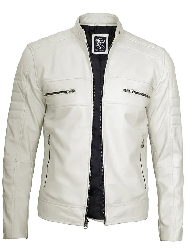 Mens Off White Cafe Racer Real Leather Jacket