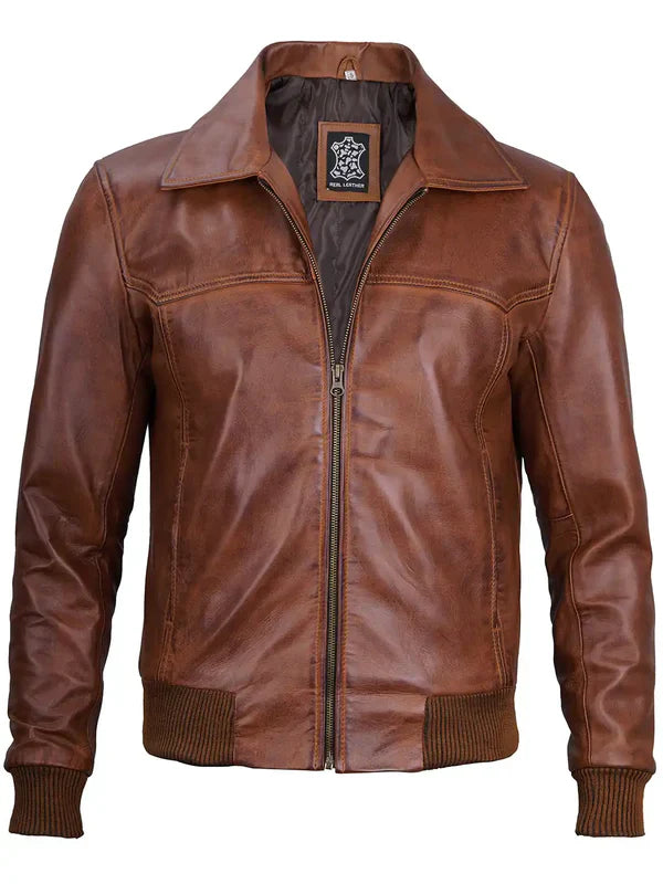 Steven Men's Distressed Brown Bomber Leather Jacket