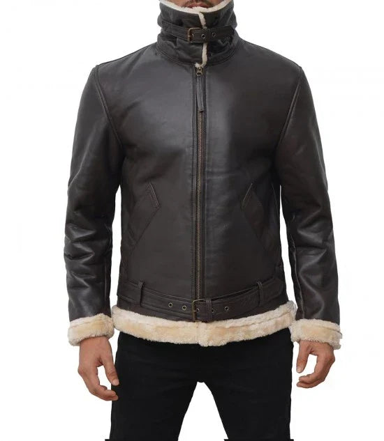 Men's Real Leather Dark Brown Bomber Fur Aviator Jacket