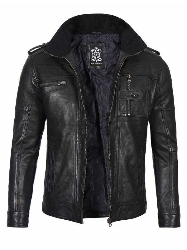 Mens Black Waxed Cafe Racer Leather Jacket