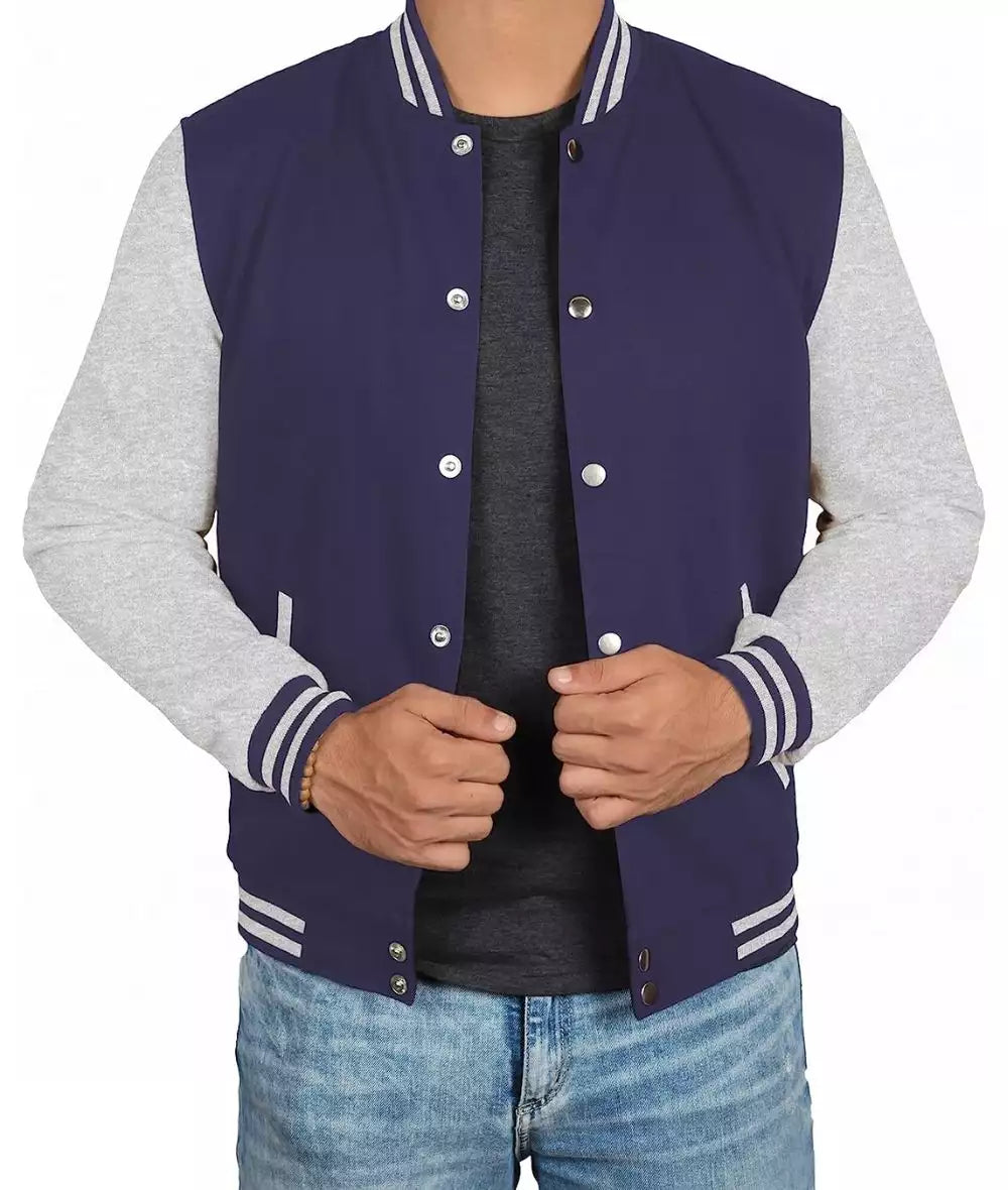 Navy Blue Varsity Jacket – Grey Sleeve Baseball Style Bomber