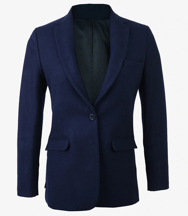 Women's Notch Lapel Navy Blue Wool Blazer - Single Button Closure