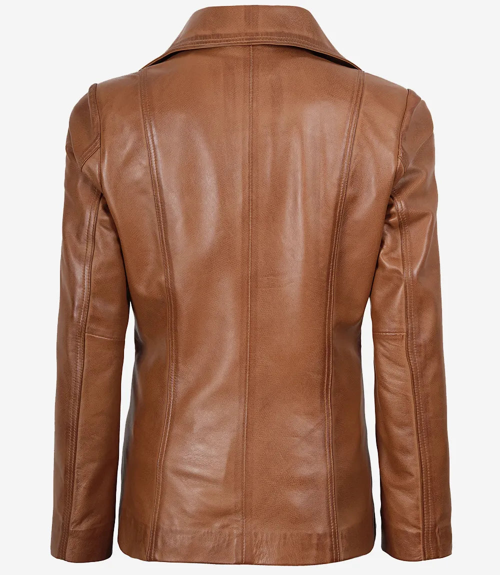 Womens Two Button Tan Brown Leather Blazer