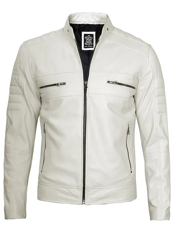 Mens Off White Cafe Racer Real Leather Jacket