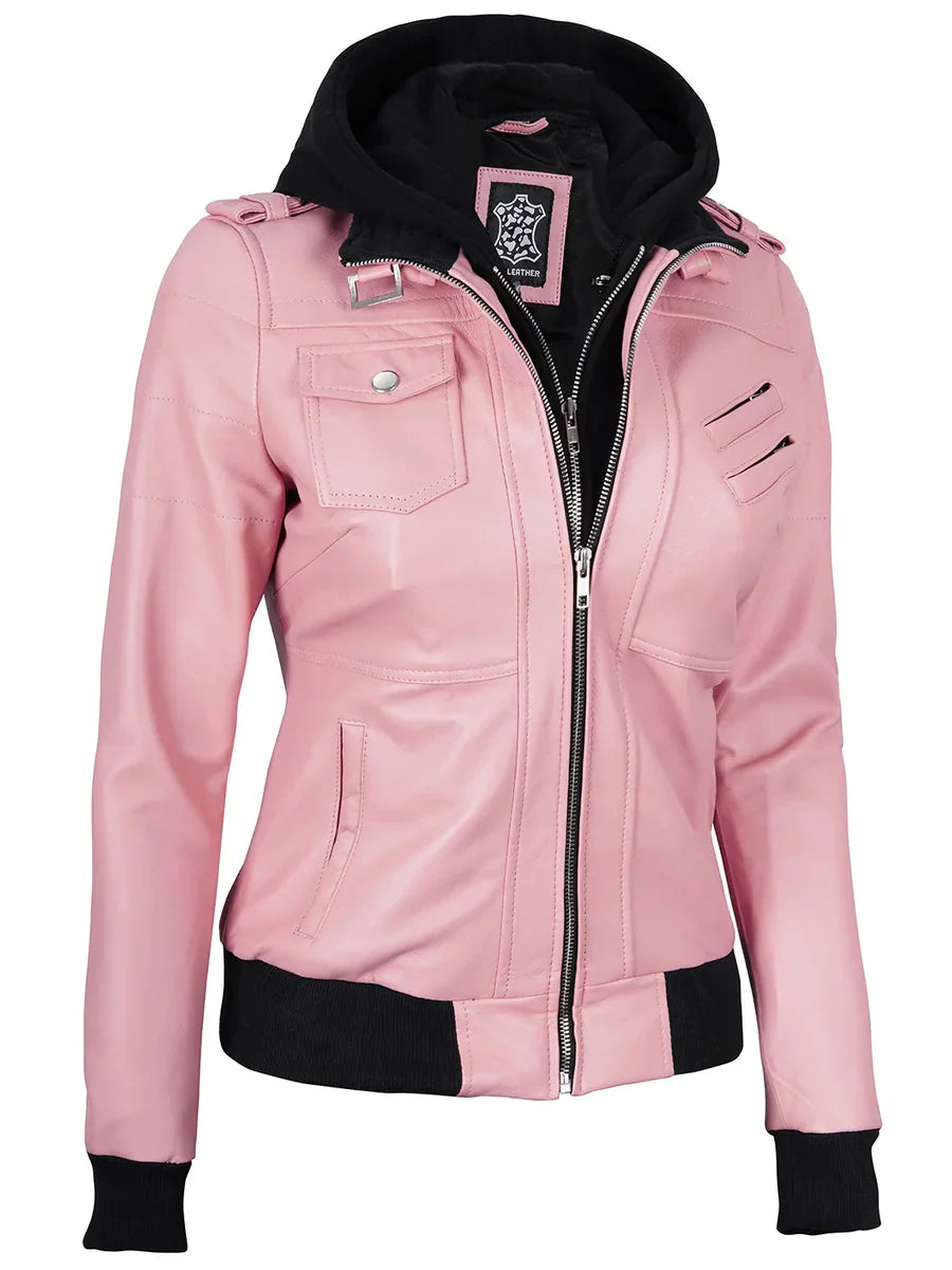 Women's Pink Leather Jacket with Removable Hood