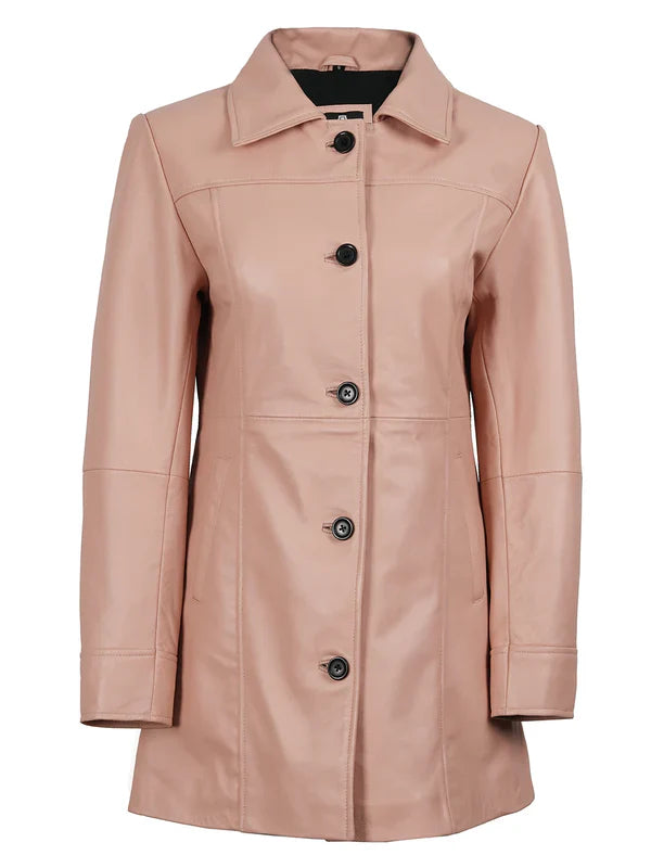 Kandis Women’s Premium Pink Real Leather Car Coat