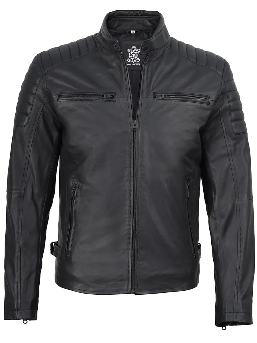Mens Matte Black Biker Style Real Leather Jacket