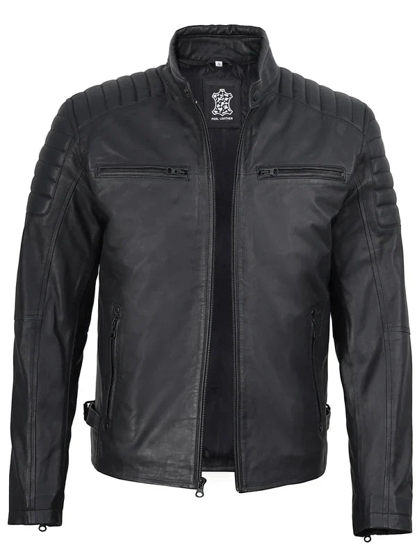 Mens Matte Black Biker Style Real Leather Jacket