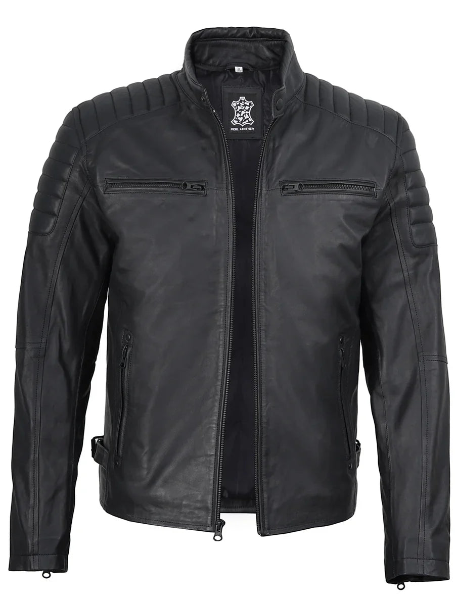 Mens Matte Black Biker Style Real Leather Jacket