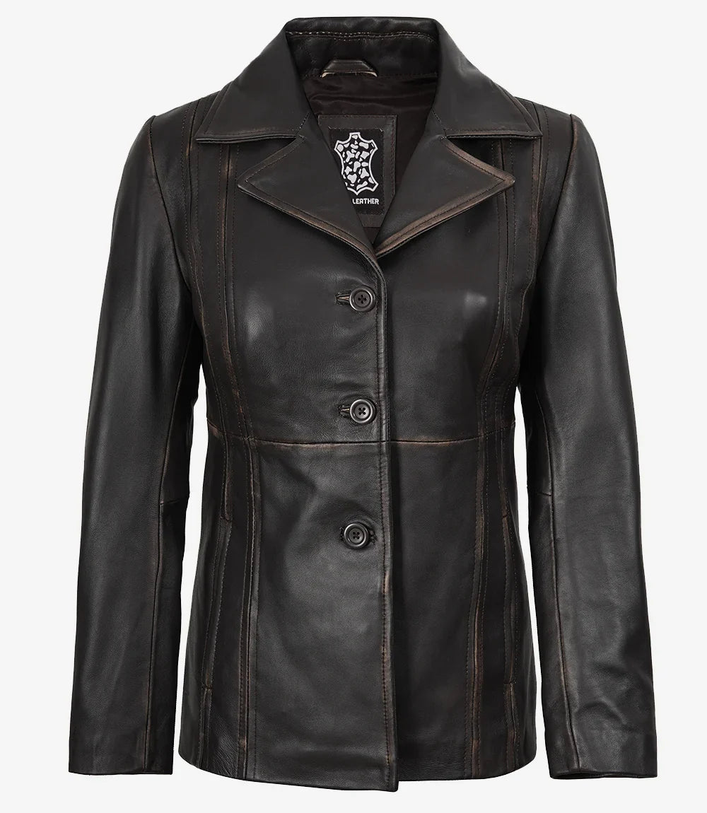 Women's Three Button Distressed Brown Leather Blazer