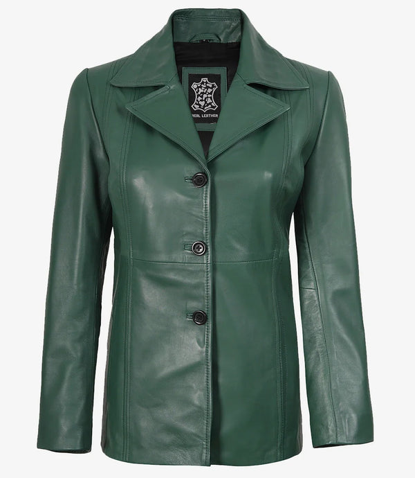 Womens Three Button Green Leather Blazer Jacket