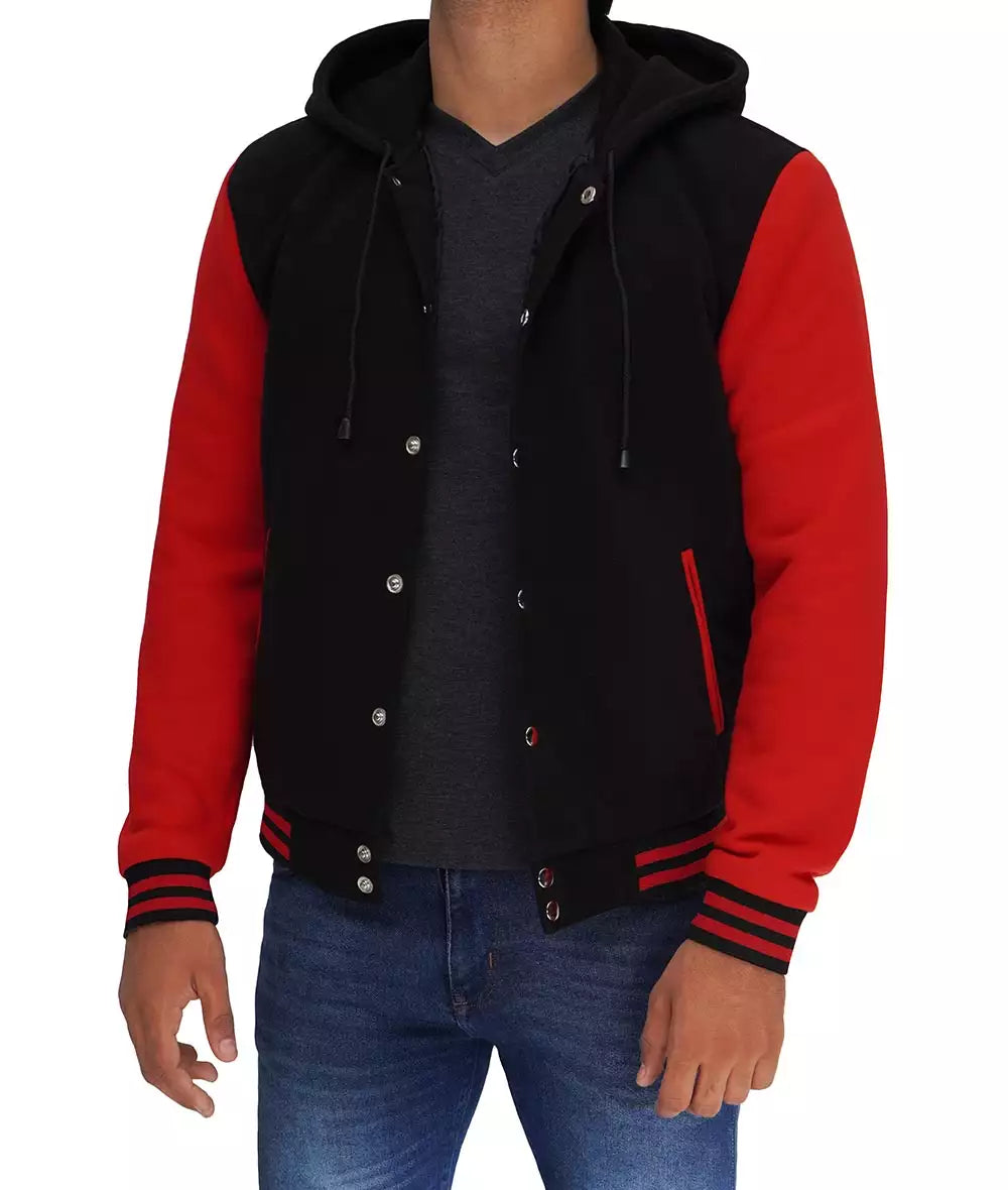 Salerno Men’s Black and Red Hooded Varsity Jacket Bomber