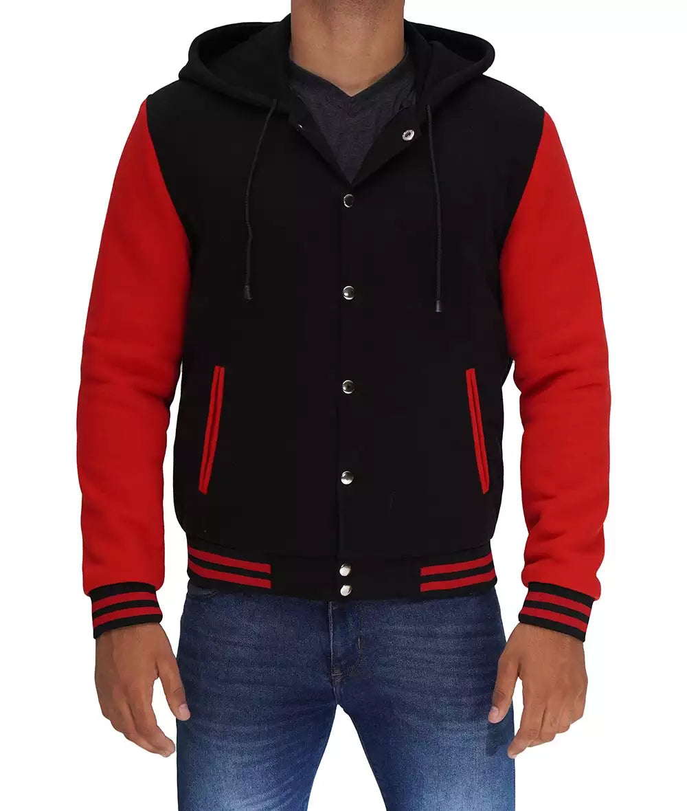 Salerno Men’s Black and Red Hooded Varsity Jacket Bomber