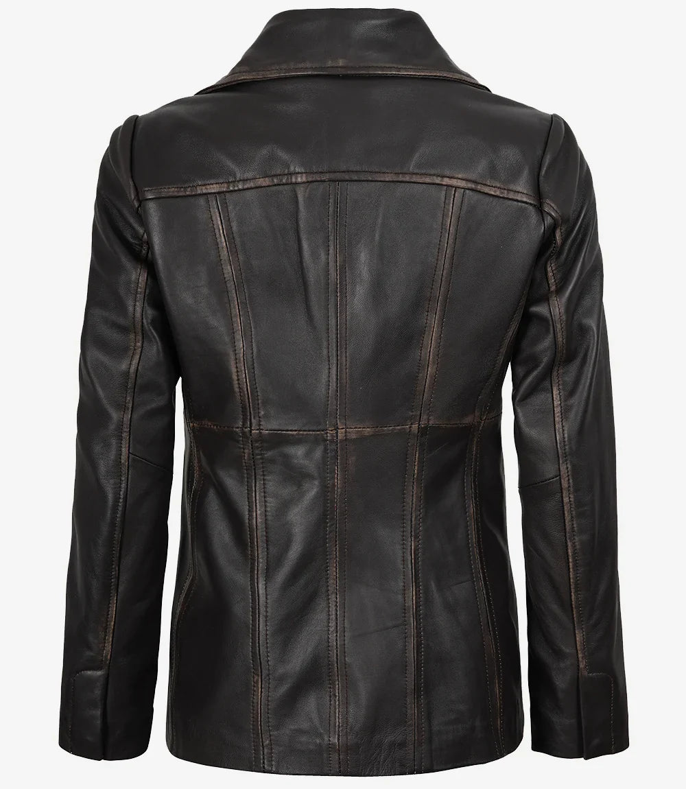 Women's Three Button Distressed Brown Leather Blazer