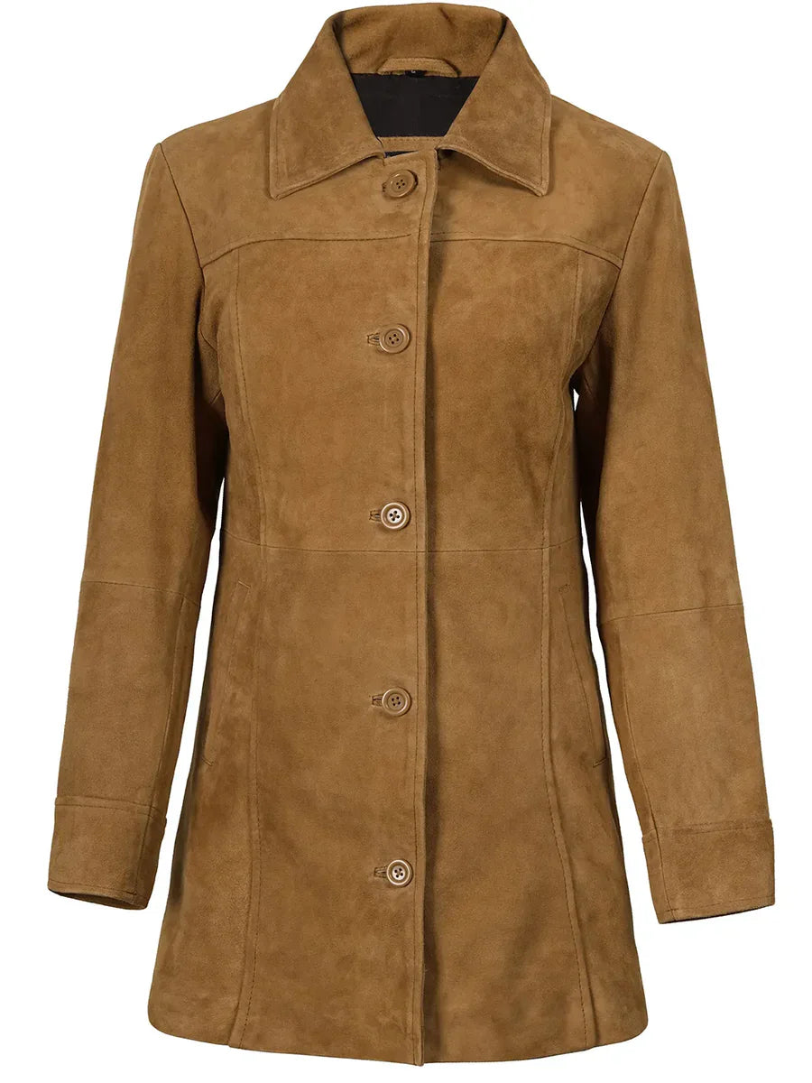 Kandis Women’s Premium Brown Suede Leather Car Coat