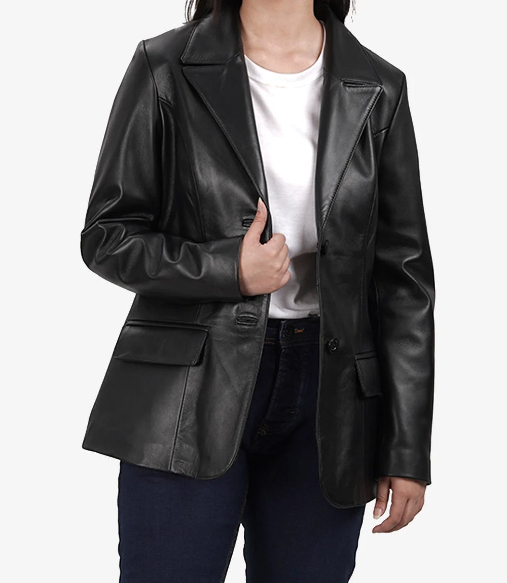 Women's Two Button Black Leather Blazer Jacket