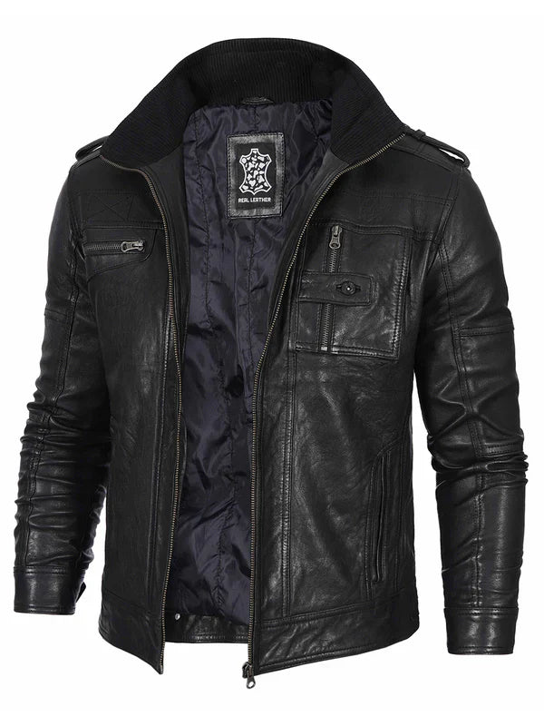 Mens Black Waxed Cafe Racer Leather Jacket