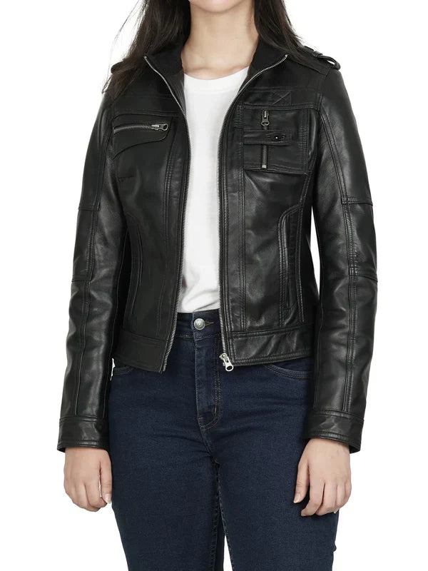Tavares Womens Black Cafe Racer Style Leather Jacket