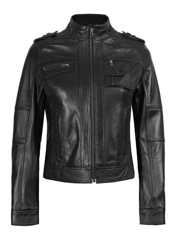 Tavares Womens Black Cafe Racer Style Leather Jacket