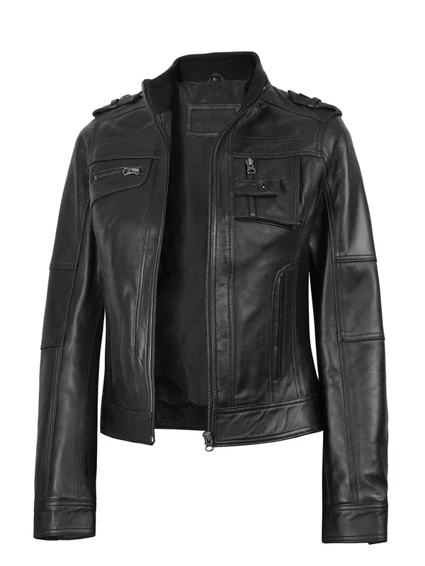 Tavares Womens Black Cafe Racer Style Leather Jacket