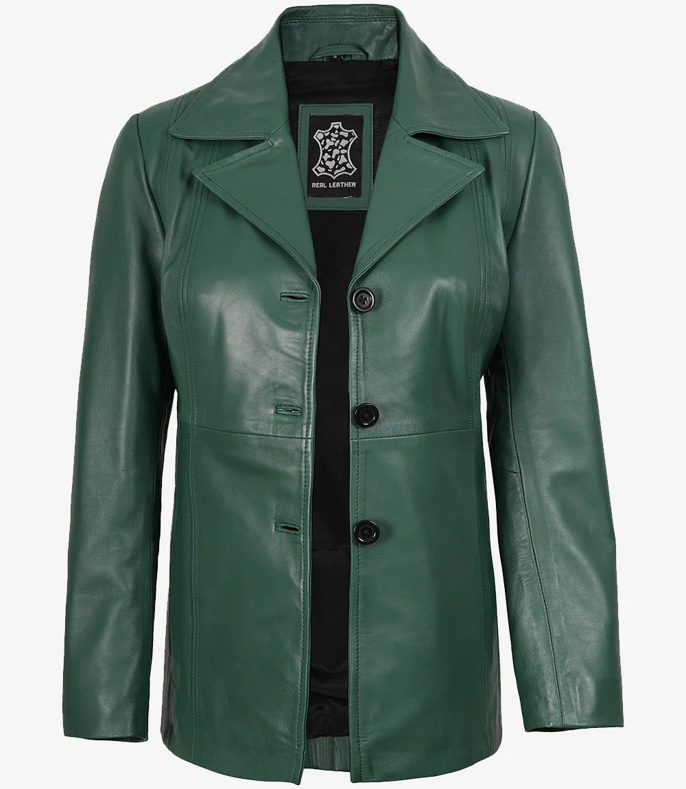 Womens Three Button Green Leather Blazer Jacket