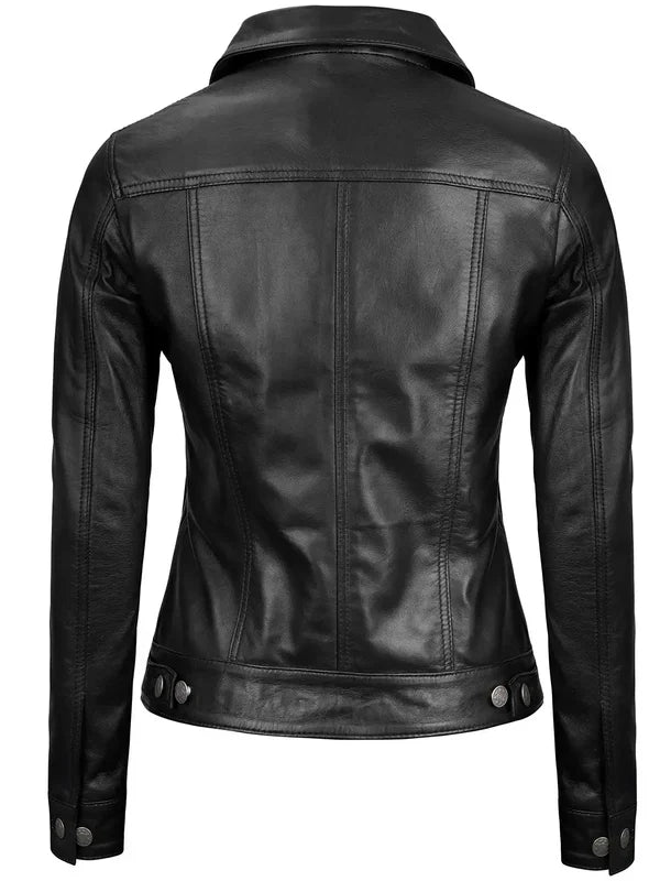 Fernando Women's Black Leather Trucker Jacket