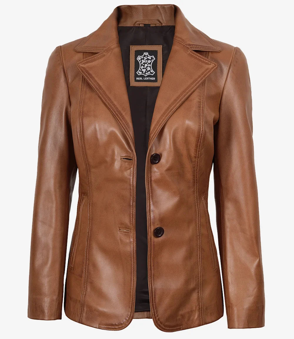 Womens Two Button Tan Brown Leather Blazer