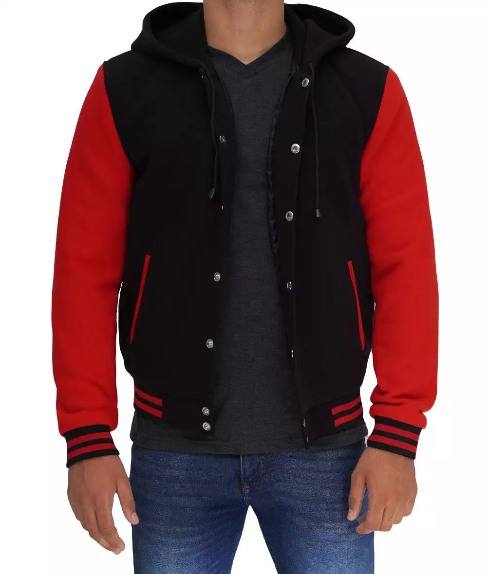 Salerno Men’s Black and Red Hooded Varsity Jacket Bomber