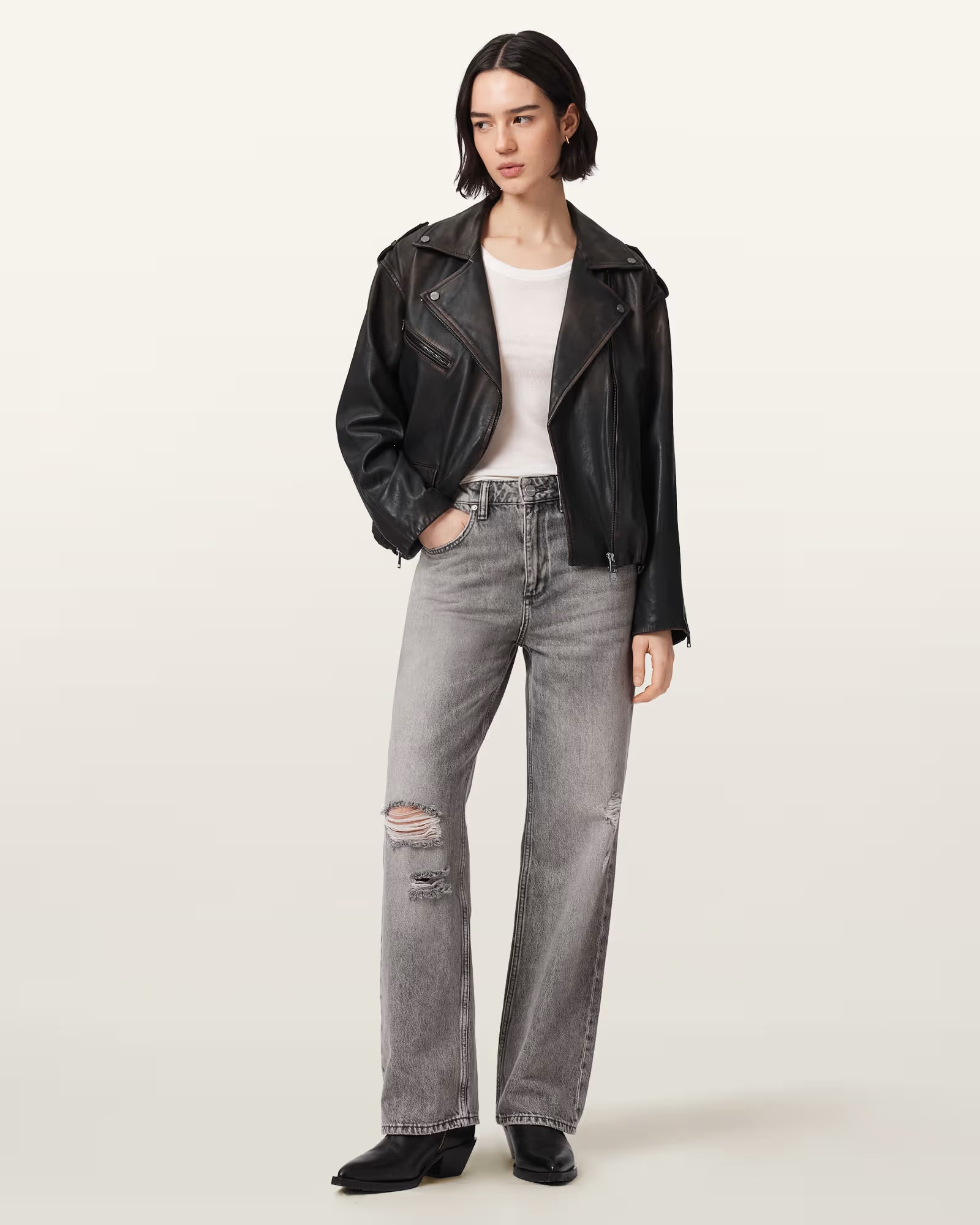 Samina Relaxed Fit Leather Biker Jacket