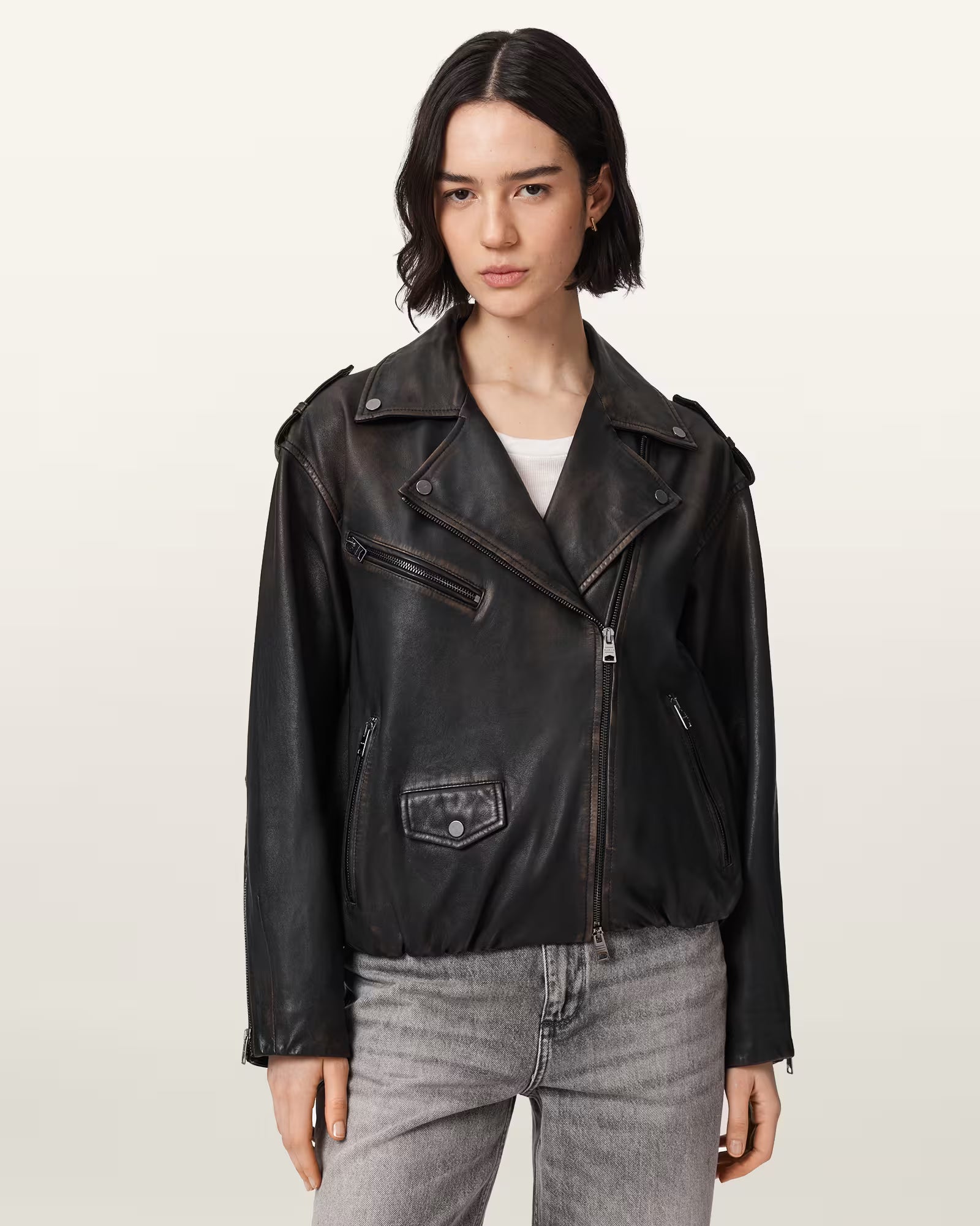 Samina Relaxed Fit Leather Biker Jacket