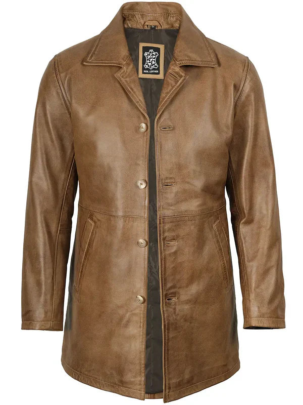 Winchester Men's Camel Brown  Leather Car Coat