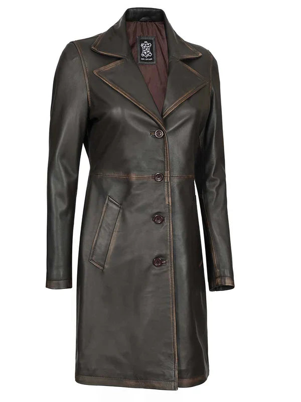 Bryson Women's Rub Off Dark Brown Leather Long 3/4 Coat