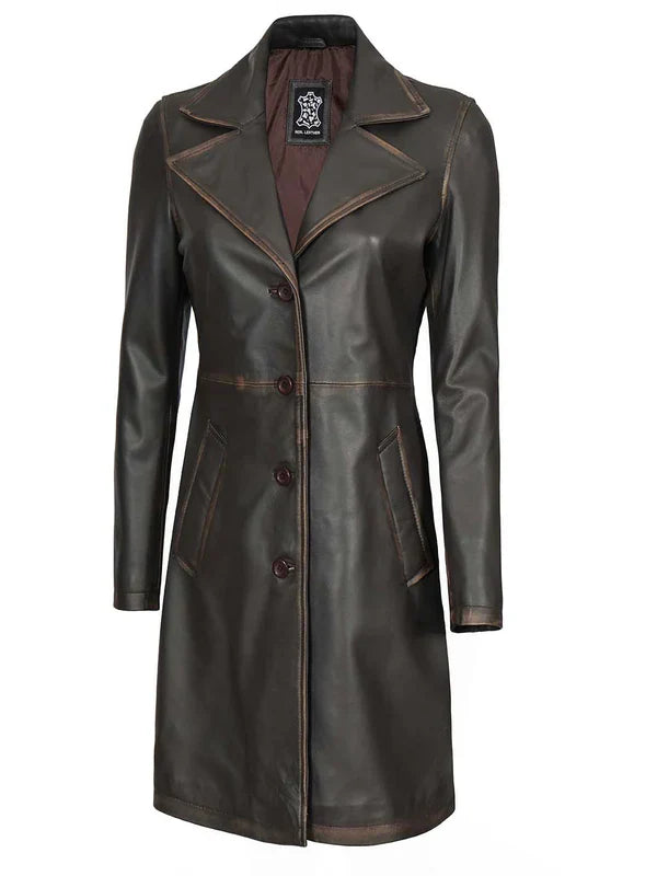 Bryson Women's Rub Off Dark Brown Leather Long 3/4 Coat