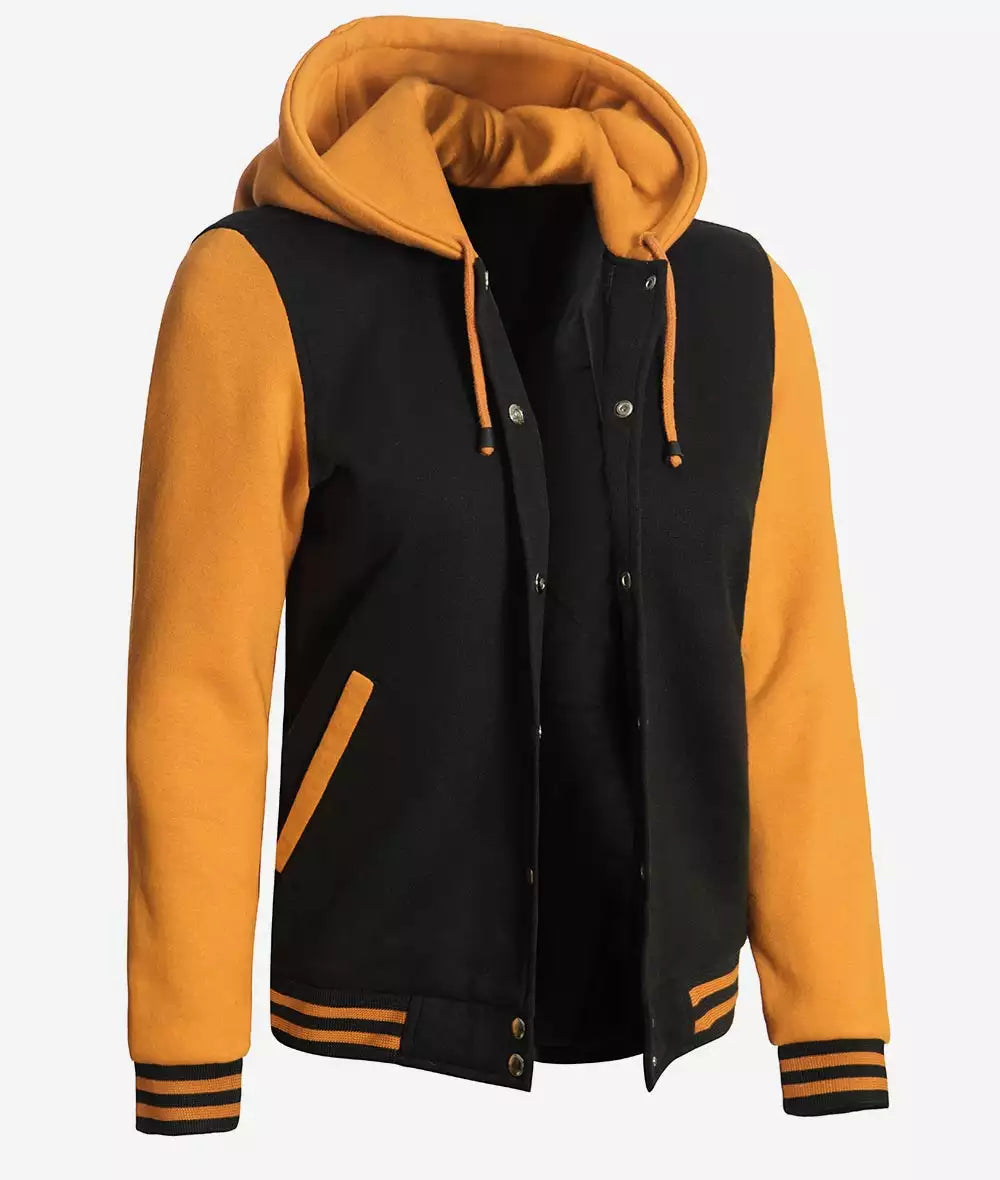 Women’s Black and Yellow Varsity Jacket – Hooded Bomber