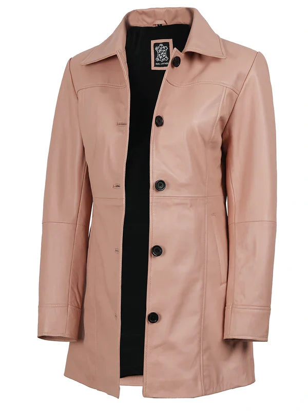 Kandis Women’s Premium Pink Real Leather Car Coat