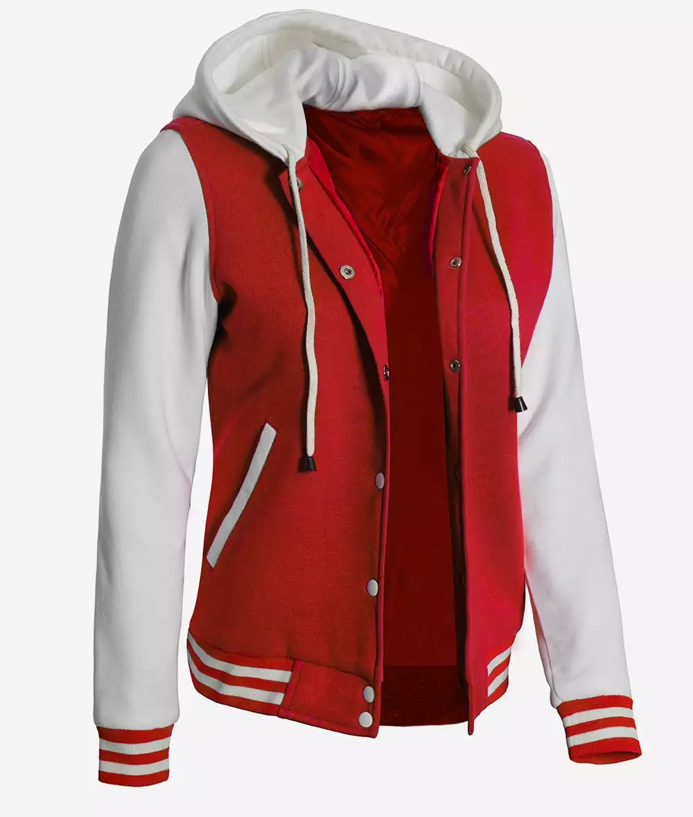 Women's Red and White Hooded Varsity Baseball Jacket