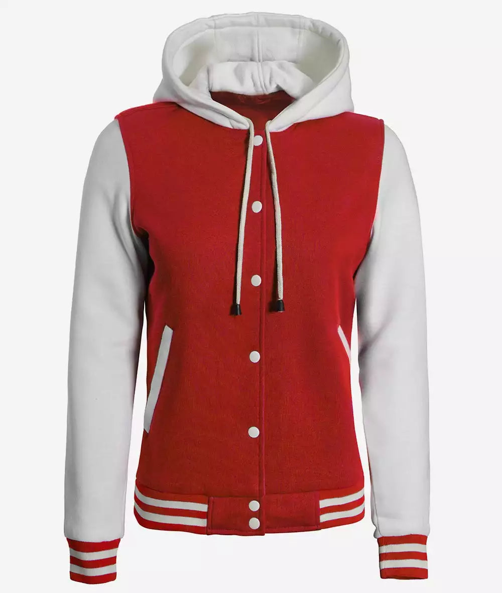 Women's Red and White Hooded Varsity Baseball Jacket